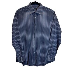 Hugo Boss BOSS Shirt Men 46/18 Navy Pinstripe Cotton‎ Euro Tailoring Classic Y2K